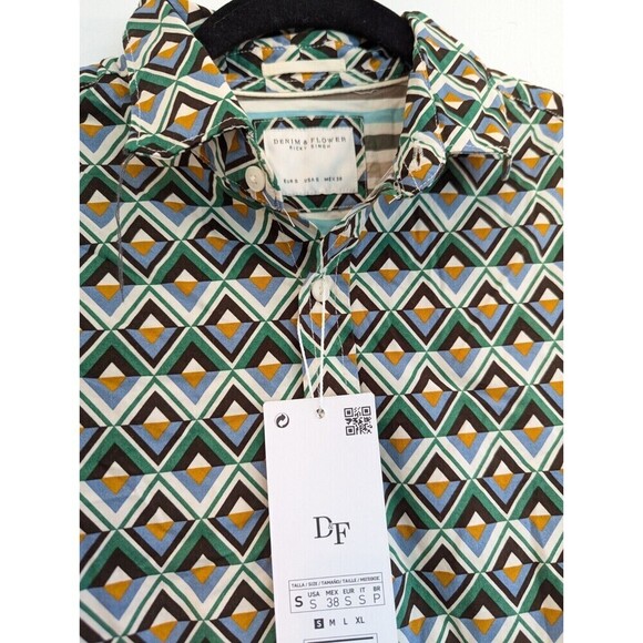 Denim & Flower Mens Button Down Shirt Size S Green Geometric Short Sleeve Casual - Picture 4 of 12